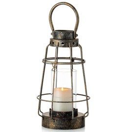 Nuptio - Faroles de vela clásico decorativos con asa, rústico, portátil, para pilar, con vidrio, hierro forjado, farol de granja para bodas, fiestas, centro de mesa, decoración de jardín, uso interior