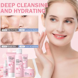 Sakura Skin Care Set, 5 Pieces, Cleanser, Tonic, Face Cream, Serum and Eye Cream, Sakura Moisturiser Set for Gift Care for Women