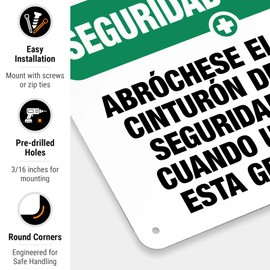 Fasten Seat Belt When Using Forklift Bilingual Sign, OSHA Safety First Sign, 10x14 Inches, 55 mil Thick HDPS (high Density polystyrene), Made in USA