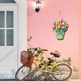 Barydat Spring Door Sign Tulip Gnome Wreath for Front Door Wreath Truck Gnome Welcome Hanger Wooded Hanging Wall Sign for Home Summer(Tulip)