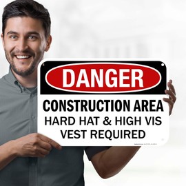 Danger Construction Area Hard Hat High Vis Vest Required OSHA Sign, 12x18 Inches, 55 mil thick HDPS (high density polystyrene), Made in USA by My Sign Center