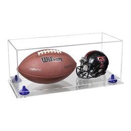 Better Display Cases Acrylic Full Size Football and Mini Helmet Display Case with Clear Case, Dark Blue Risers and Clear Base 19.25" x 8.25" x 8" (B47/A103)