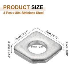 PATIKIL 4pcs M8 Beveled Square Washers, 8x18mm Missing Angle Square Beveled Washers Bearing Strut Plate Flat Spacer 304 Stainless Steel for Bolts Wedge Shim Leveling Fastener Nut Gasket