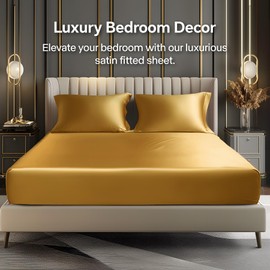 BEDELITE Satin Fitted Sheet and Pillowcases Set, Luxury Soft Similar to Silk Bottom Bedsheet with Elastic Corner Straps, Deep Pocket up to 15 Inch, 1 Fitted Sheet and 2 Pillowcases(Queen, Gold)