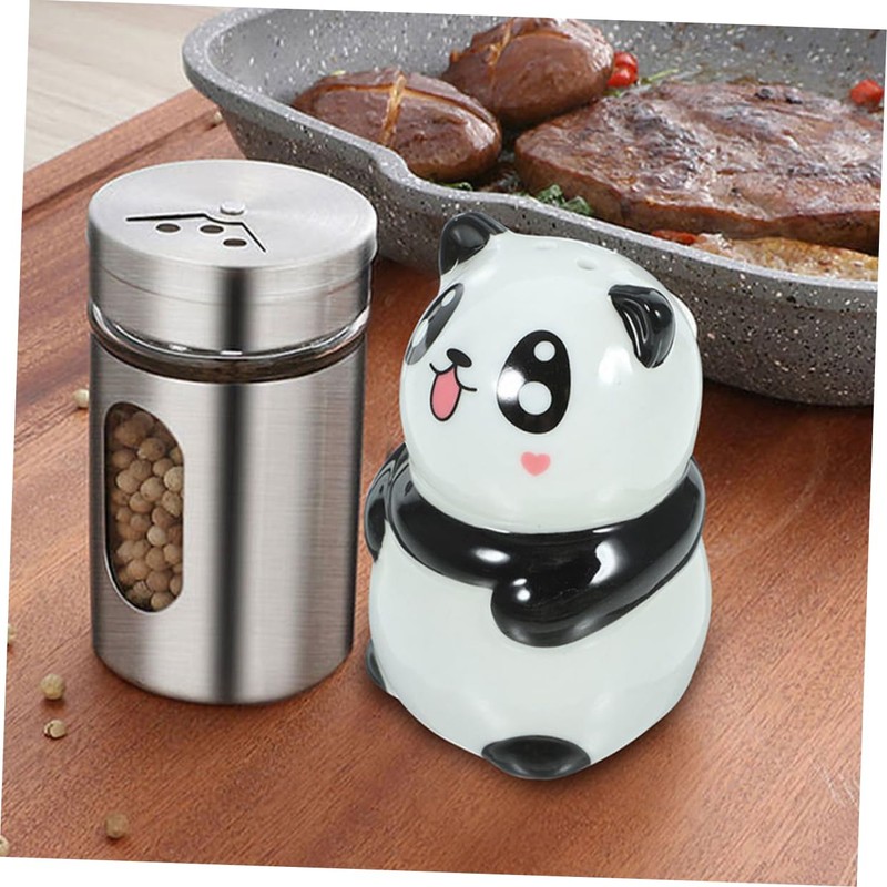 Mikinona 2pcs Ceramic Panda Seasoning Jar Salt Pepper Portable Kitchen
