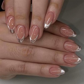 24pcs False Nails French Tip - Pink Sliver Edge Press on Nails Short Almond - Strong Fake Nails with Glue - Full Cover Stick on Nail for Women French Nail Art