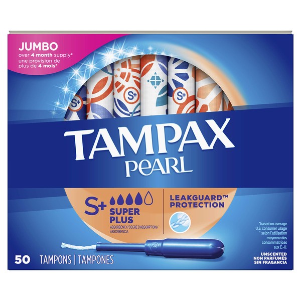 Tampax Pearl Tampons with Plastic Applicator, Super Plus Absorbency, Unscented, 50 Count - Pack of 6 (300 Count Total)