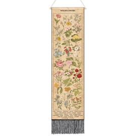 Geetery Vintage Floral Vertical Tapestry Wall Hanging Long Narrow Wall Fabric Flower Hanging Reference Illustrative Botanical Tassel Tapestry for Home Decor Gift (Natural)