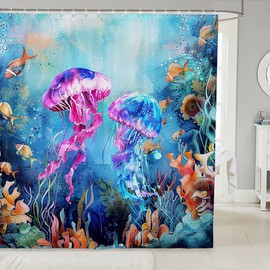 Feelyou Jellyfish Bath Curtain Ocean Jellyfish Shower Curtain Kids Toddler Boys Girls Sea Animal Bathroom Shower Curtain Set Coastal Beach Kids Bathroom Accessories 72"x78"