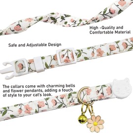 2 Pack Cotton Breakaway Cat Collars Set with Bell and Flower Pendant, Cute Girl Cat Collars for Kittens, Floral Patterned Female Cat Collar, Adjustable 7.5-11 Inch, Includes A Bonus Mouse Toy Gift