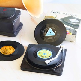 Funny Retro Record Coasters for Drinks with Vinyl Player Holder for Music Lovers,Set of 6 Conversation Piece Sayings Drink Coaster,Housewarming Hostess Wedding Registry Gift Ideas