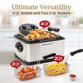 Elite Gourmet EDF-401TX 1700-Watt Triple Basket Electric Deep Fryer with Timer and Temperature Knobs and Odor Free Filter, 4.2L, 18-Cup, Black