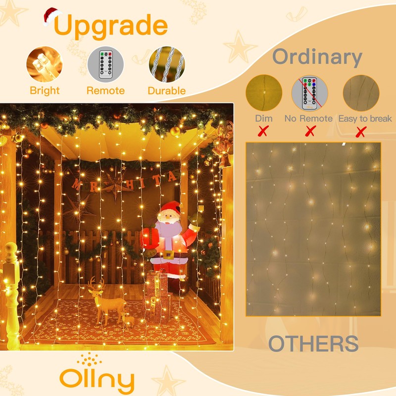 Ollny Curtain Lights 6.6x6.6ft, 200 LED String Lights with Remote