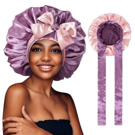 Hebenie Satin Bonnet for Sleeping, Silk Hair Wrap Night Cap with Tie Band - Large Size, Double Layer, Perfect for Women Light Purple