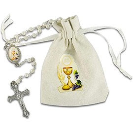 MaMeMi Communion Rosary with Clasp - White with Beads - in Fabric Bag with Goblet Motif - 34 cm Long - Religious Communion Gift for Girls and Boys Brand Quality