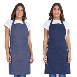 Mellow Buff Chef ApronS, Recycled Cotton Kitchen Apron with an Adjustable Neck with Long Ties, for cooking, baking (Denim Blue & Navy Blue)