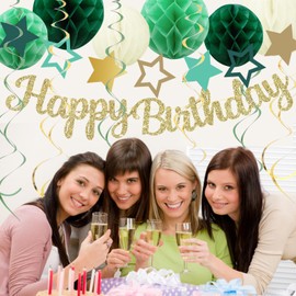 ELOPELY Birthday Party Decorations, Happy Birthday Banner, Honeycomb Ball, Tissue Pompoms, Hanging Swirl, Star Garland, Birthday Decorations for Women Men Girls Boys (Sage Green)