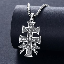 MEIDERBO Caravaca Cross Crucifix Necklace 925 Sterling Silver Catholic Cherub Angel Pendant Religious Caravaca Double Cross Jesus Large Amulet Jewelry Gift for Women Men