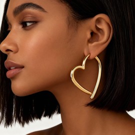 Heart Earrings for Women Gold Heart Hoop Statement Jewelry Asymmetrical Large Love Shaped Dangle Accessory for Date Night Party Fashion Outfit Valentine Anniversary Present