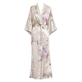KIM+ONO Satin Kimono Robe Long - Chrysanthemum & Crane - Willow (Grey)