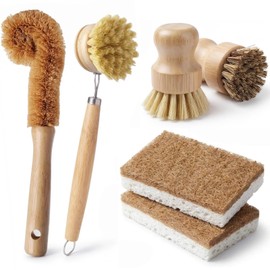 Natural Bamboo Dish Brush Set - 6 PCS Kitchen Cleaning Brush Kit with 4 Utensil Brushes and 2 Coconut Fiber Dish Sponges, for Cleaning Pots, Pans, Dis