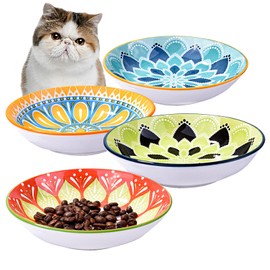 BOSILI Ceramic Cat Food Plate Set of 4 Porcelain Cat Food Dish for Wet Food Wide Bowl to Relieve Whisker Fatigue, Shallow Bowl for Kittens and Small Animals