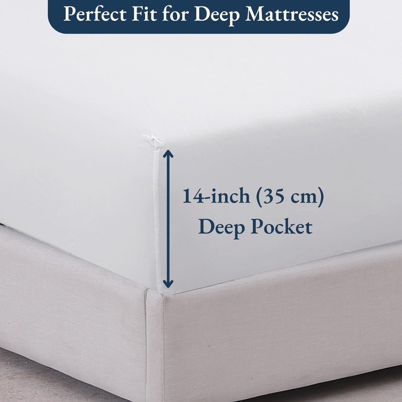 Fitted Sheet Double, White - Pre-Washed, Deep Pocket 14 inch
