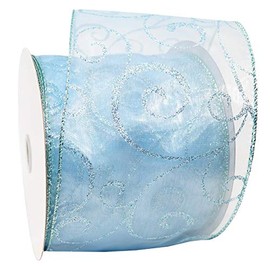 Morex Ribbon Swirl Wired Sheer Glitter Ribbon, 4-Inch by 25-Yard Spool, Ice Blue