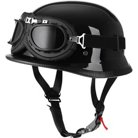 Yesmotor Helmet Half Shell German Motorcycle Helmet with Cycling Glasses - DOT Approved (Large, Light Black & Black)
