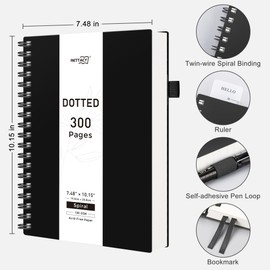 RETTACY Bullet Dotted Journal Notebook, 300 Pages, B5 Medium Size (7.4'' × 10''), 100 GSM Thick Paper, Flexible Plastic Cover, Spiral-bound, for Bullet Journaling, Planning, Tracking (Black)
