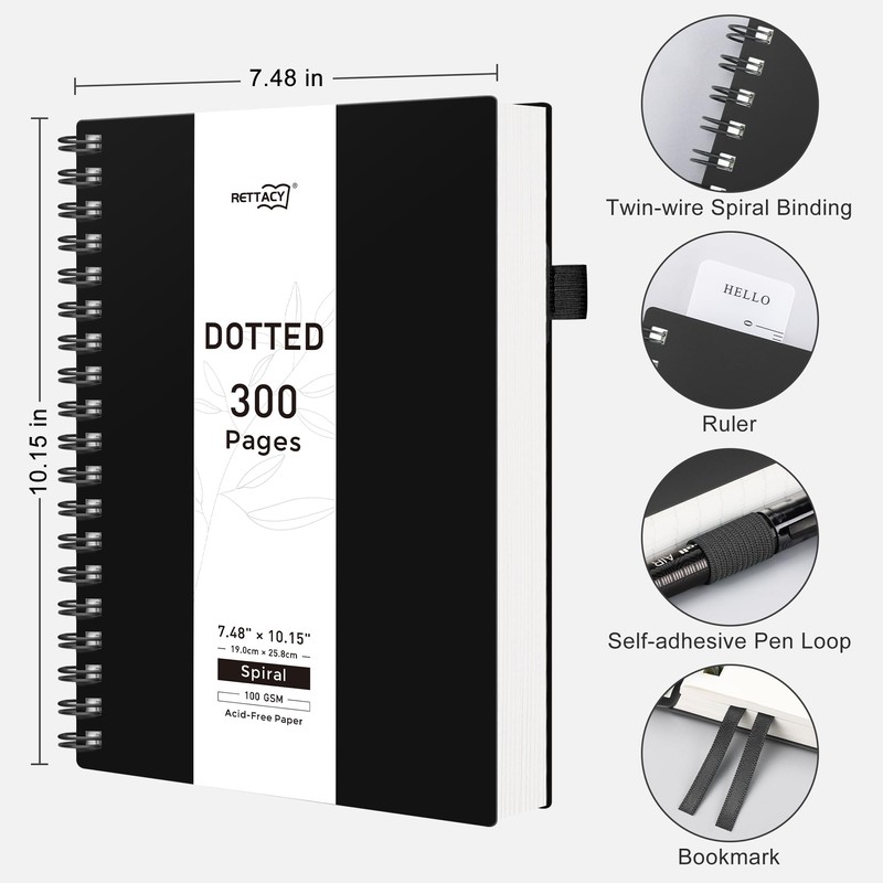 RETTACY Bullet Dotted Journal Notebook, 300 Pages, B5 Medium Size