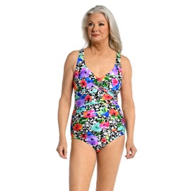 Maxine Of Hollywood Women's V-Neck Twist Front Shirred One Piece Swimsuit, Multi//Pop Petals, 18W