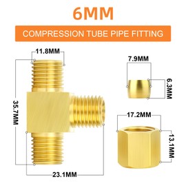 GASHER 2PCS Brass Compression Tube Pipe Fitting Connector, Tee，6mm x 6mm x 6mm Tube OD Connector