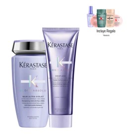Kit de 500mL Tratamiento Para Matizar Cabello Rubio Kerastase Blond Absolu Shampoo Bain Ultra Violet y Acondicionador Cicaflash                       