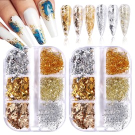 EBANKU Gold Silver Nail Flakes, Metallic Foil Nail Art Chip Glitter Paillette Nail Sequines Glitter Gold Silver for Nail Art Decoration (2) (A)