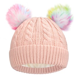 EDCYF Kids Winter Knit Beanie Hat Children's Thick Warm Fleece Lined Hat with Pompom for Girls Ages 6-14 Pink