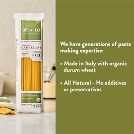 DeLallo Organic Capellini Pasta, Made with Only 100% Semolina Durum Wheat Flour, Bronze Cut, Made in Italy, Non-GMO, Kosher, Vegan, Preservative Free, 1 Pound Bag, (16 Pack)