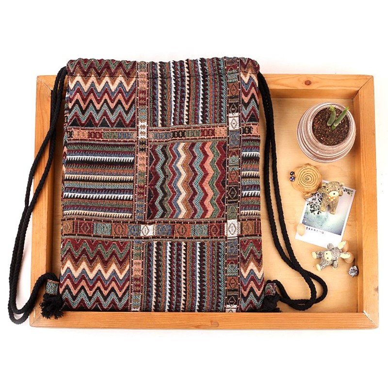 Richugui Retro Style Drawstring Bags stripe Backpack Bag Bohemian Drawstring