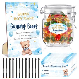 76 Pcs Guess How Many Bears Bear Baby Shower Games 60 Guessing Cards 12 Pens 2 Cute Stickers 1 Game Jar 1 Wood Standing Sign for Baby Shower Games Gender Reveal Party Decoration