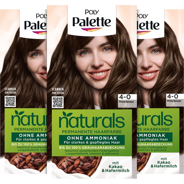 Palette Naturals Permanent Hair Colour 4-0 Medium Brown (3 x 115 ml), Nourishing Hair Colour without Ammonia, Colouration for up to 100% Grey Coverage