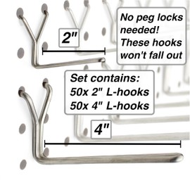 Pegboard Hooks 100-Pack 2" + 4” L Hook - Zinc Plated - Will Not Fall Out - Fits Any Peg Board - Organize Tools, Accessories, Workbench, Garage Storage, Kitchen, Craft or Hobby Supplies, Jewelry