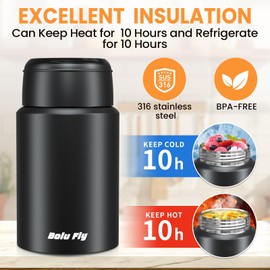 Bolu Fly 2 Pack Soup Thermo for Hot Food for Adults, Insulated Food Jar, Stainless Steel Vacuum Thermal Lunch Box Containers with Carry Bag and Spoon (18.5oz, 27oz) (Black)