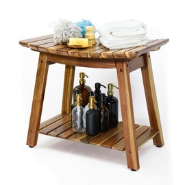 Acacia Shower Stool Bench for Inside Shower and Bath, 24-Inch Shaving Shelf, Waterproof Seat for Adults & Seniors