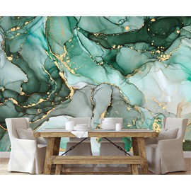 Toolhom Green Marble Wallpaper Abstract Fabric Wall Mural for Living Room Bedroom Dining Room Basement(Not Self-Adhesive)