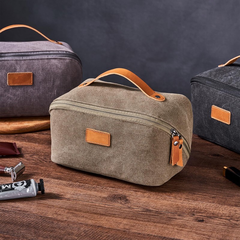 PAHVRION Canvas Toiletry Bag for Women with Genuine Leather Handle,Travel