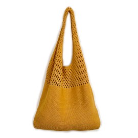 FTB Tote Bag, Basket Bag, Women's, Trend, Knit Bag, Mother's Bag, Lightweight Bag, School, Work, Adults, Casual (Yellow)