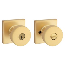Kwikset Pismo Entry Door Knob with Lock and Key, Secure Keyed Handle Exterior Doorknob, Front Entrance and Bedroom, Satin Brass, Square, Pick Resistant SmartKey Rekey Security, Microban Protection