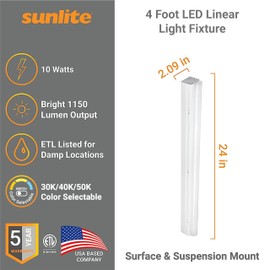 Sunlite 85551 4-Foot LED Linear Strip Light Fixture, 20 Watts, 2300 Lumens, Selectable 3 CCT 3000K-5000K, Dimmable, 50,000 Hour Life Span, 83 CRI, Surface Mount, Steel Body, ETL & DLC Listed