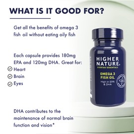 Higher Nature - Omega 3 1000mg Fish Oil Capsules - Eye Health & Brain - 180mg EPA - 120mg DHA - 90 Capsules