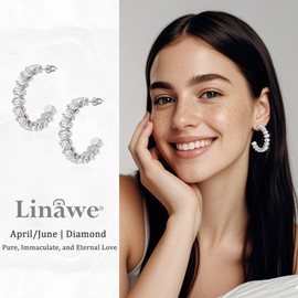 Linawe Silver Half Hoop Earrings for Women, White Gold Chunky Huggie Earrings, Birthstone Rhinestone Imitation Diamond Crystal Earrings, Hypoallergenic Stainless Steel Large Hoops